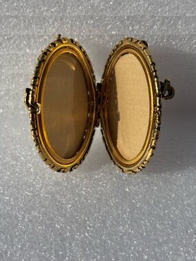 Vintage Gold Tone Brass Filagree Locket Brooch with Turquoise Accents